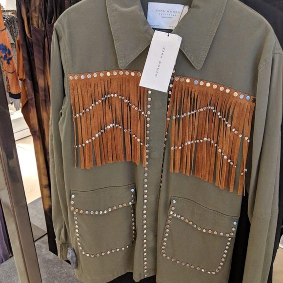 Zara Jackets & Blazers - NWT Zara Military Studded Leather Fringe Jacket